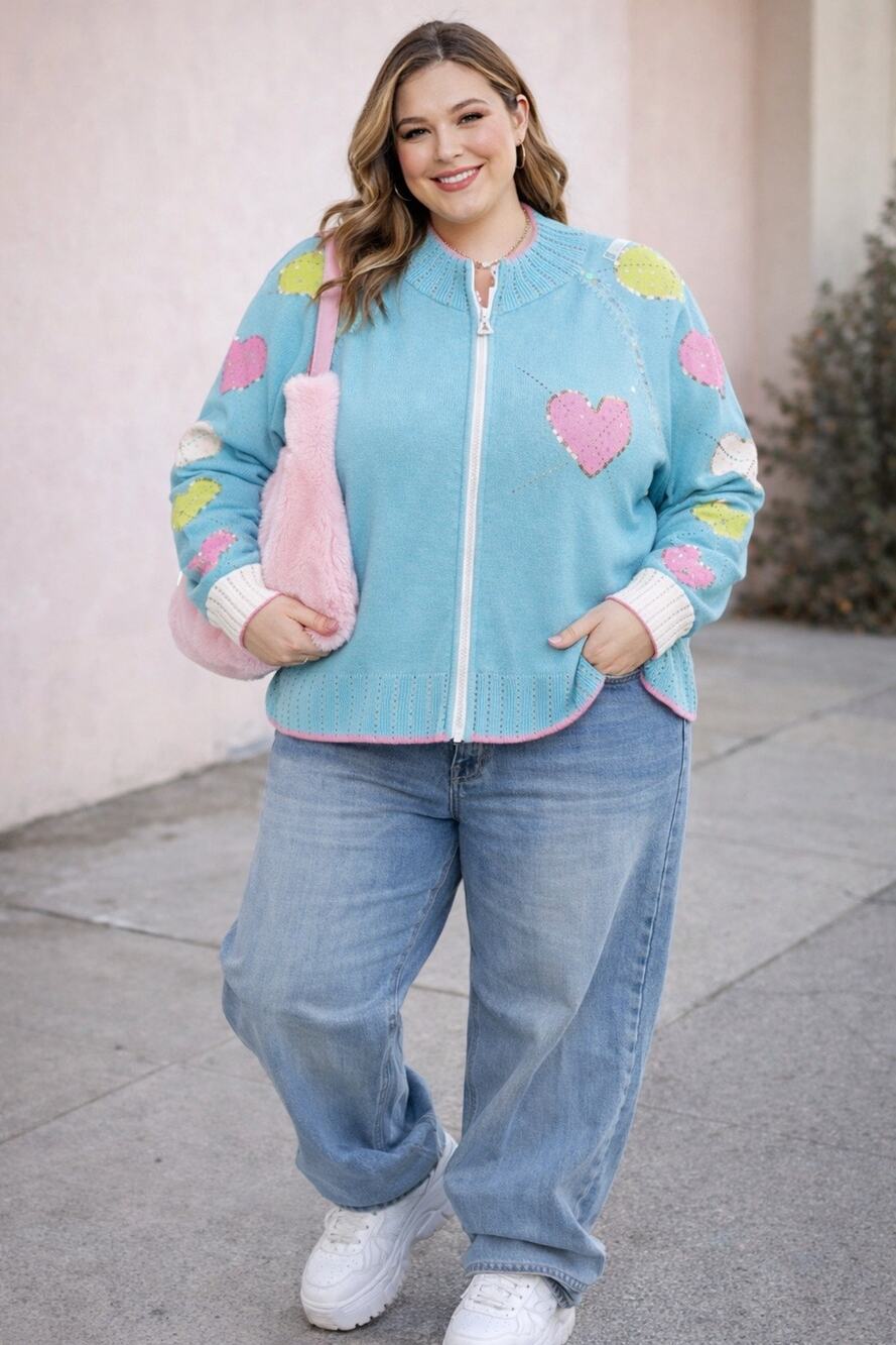 Vintage BEREK Pink Heart Blue Buttons Sequin Hand Zip Sweater Cardigan Plus 1x